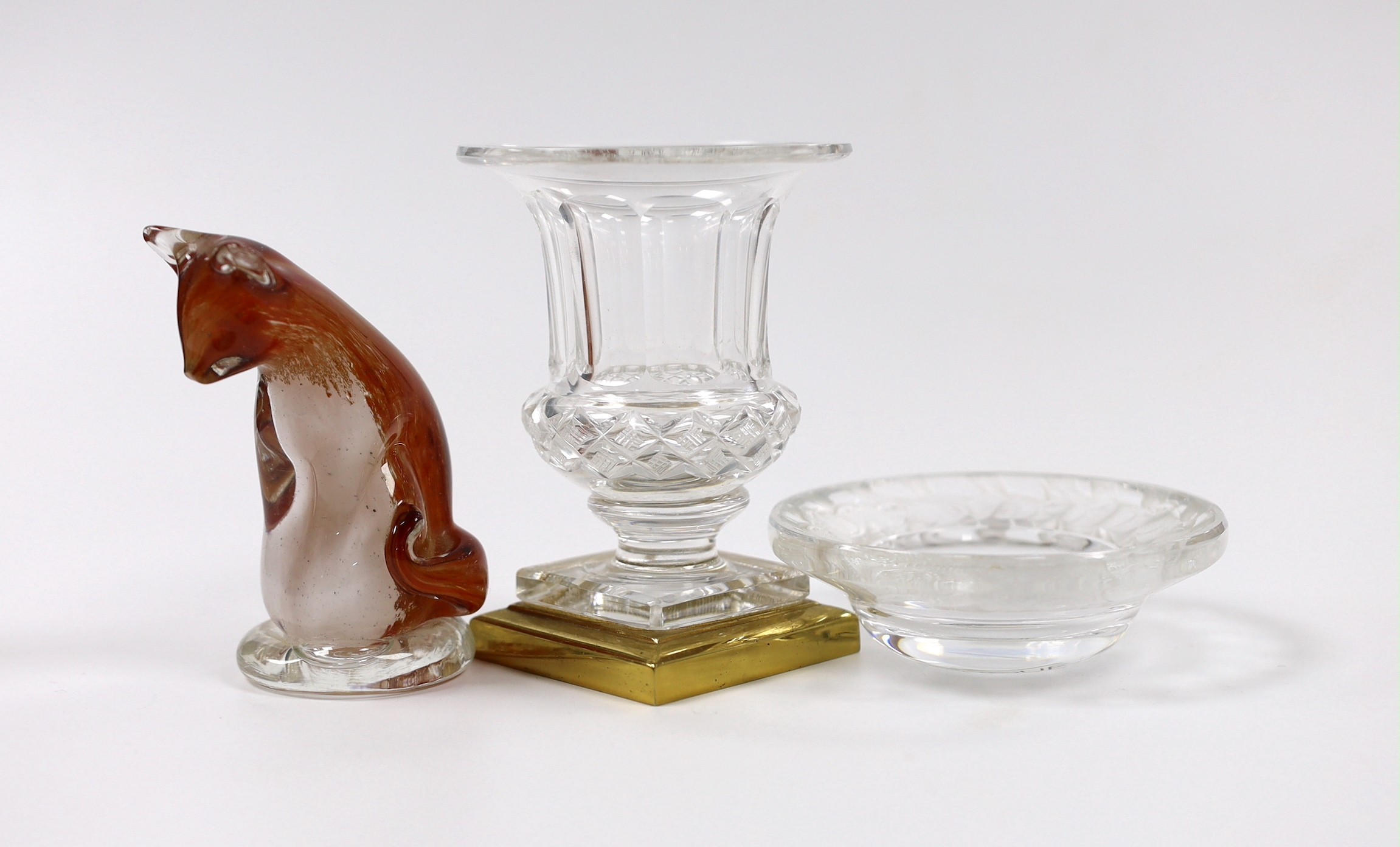 A Lalique dish, brass-mounted cut glass posy vase and coloured glass cat
